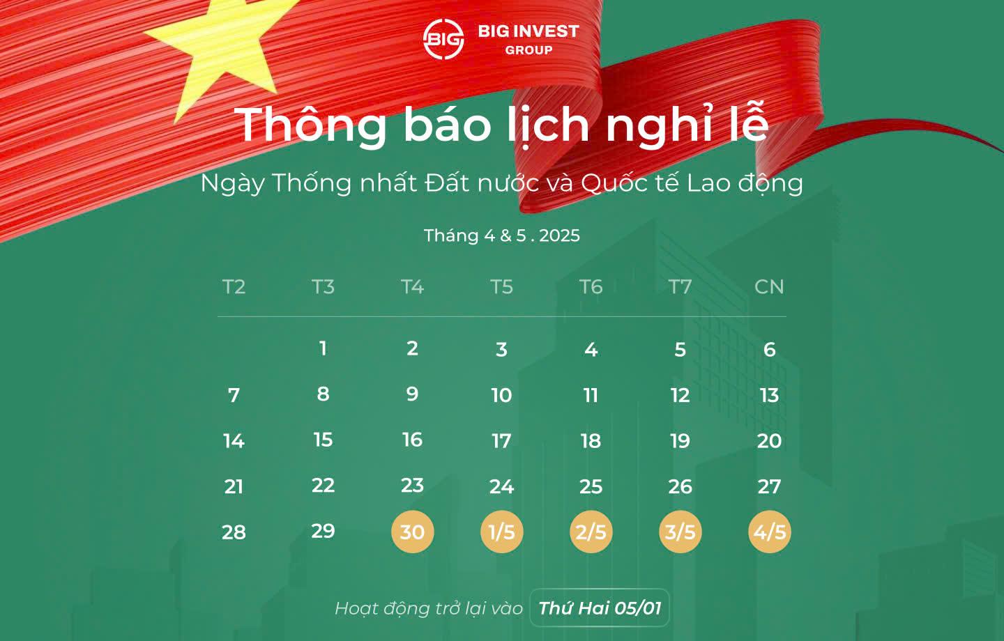 THÔNG BÁO NGHỈ LỄ NGÀY THỐNG NHẤT ĐẤT NƯỚC 30/04 VÀ QUỐC TẾ LAO ĐỘNG 01/05/2025